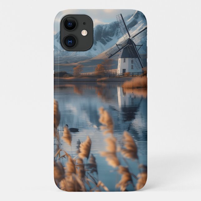 Windmill on a lake with mountains landscape Case-Mate iPhone case (Back)