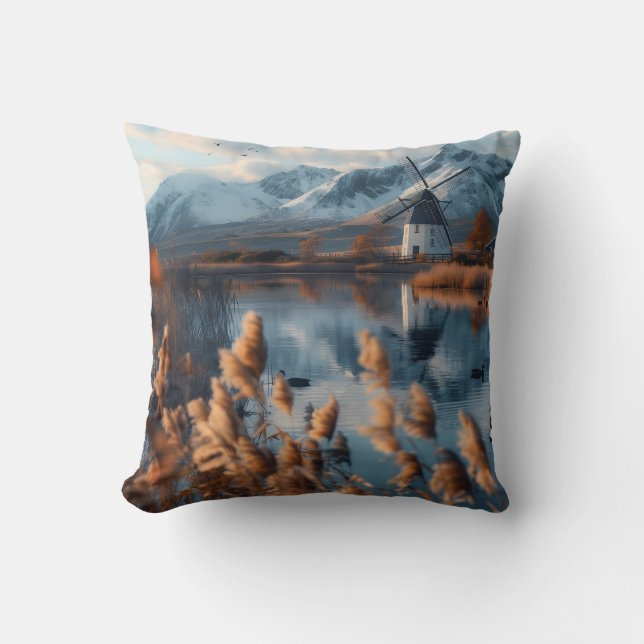 Windmill on a lake with mountains landscape cushion (Front)