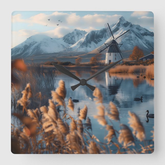 Windmill on a lake with mountains landscape square wall clock (Front)