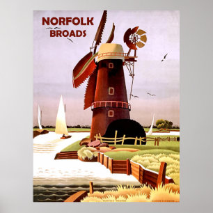 Windmill on Norfolk Broads coast, vintage travel Poster