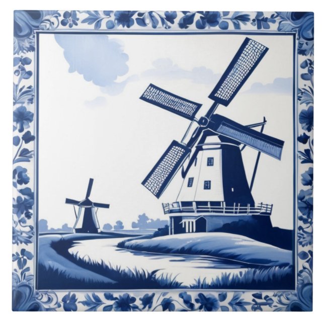 Windmill Traditional Dutch Delft Blue and White Tile (Front)