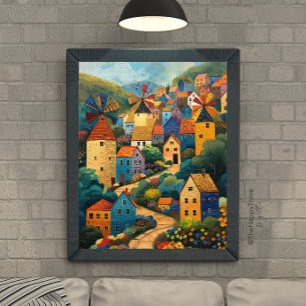 Windmill Village Folk Art Oil Painting Poster
