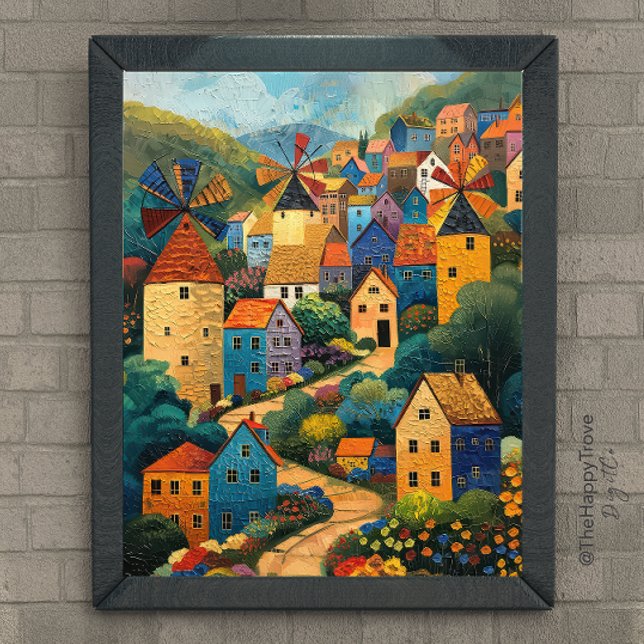 Windmill Village Folk Art Oil Painting Poster (Creator Uploaded)