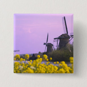 Windmills along the canal in Kinderdijk, 15 Cm Square Badge