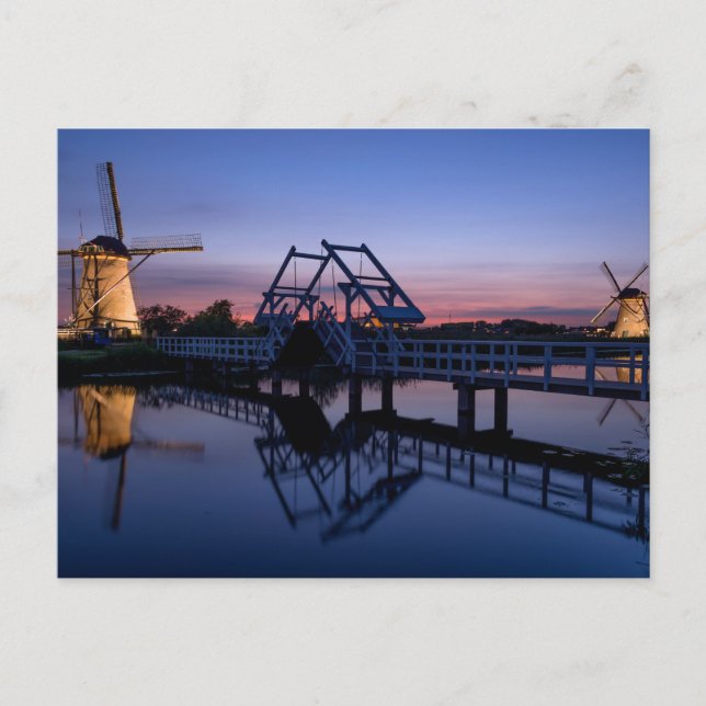 Windmills and a drawbridge at sunset postcard (Front)