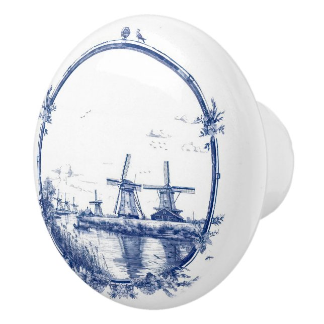 Windmills and Birds Blue and White Ceramic Knob (Right)