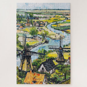 Windmills and Church by River Fantasy Painting Jigsaw Puzzle