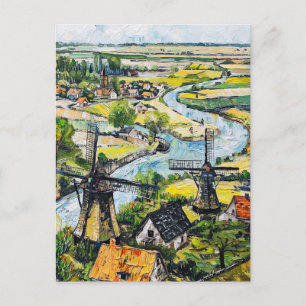 Windmills and Church by River Fantasy Painting Postcard