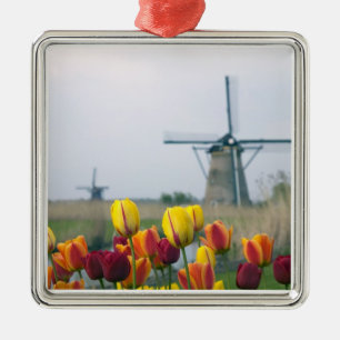 Windmills and tulips along the canal in metal tree decoration