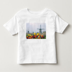 Windmills and tulips along the canal in toddler T-Shirt