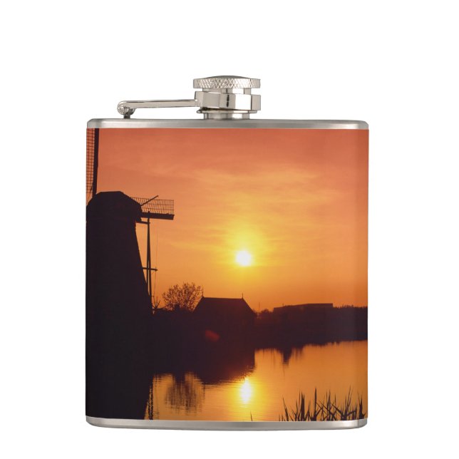 Windmills at sunset, Kinderdijk, Netherlands Hip Flask (Front)