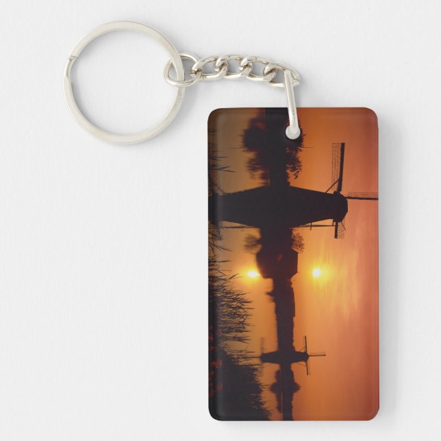 Windmills at sunset, Kinderdijk, Netherlands Key Ring (Front)