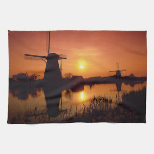 Windmills at sunset, Kinderdijk, Netherlands Tea Towel