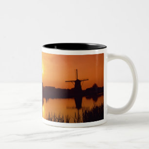 Windmills at sunset, Kinderdijk, Netherlands Two-Tone Coffee Mug