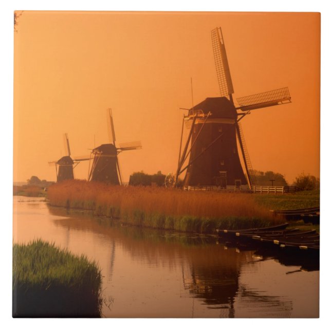 Windmills at sunset, Leidschendam, Netherlands Tile (Front)
