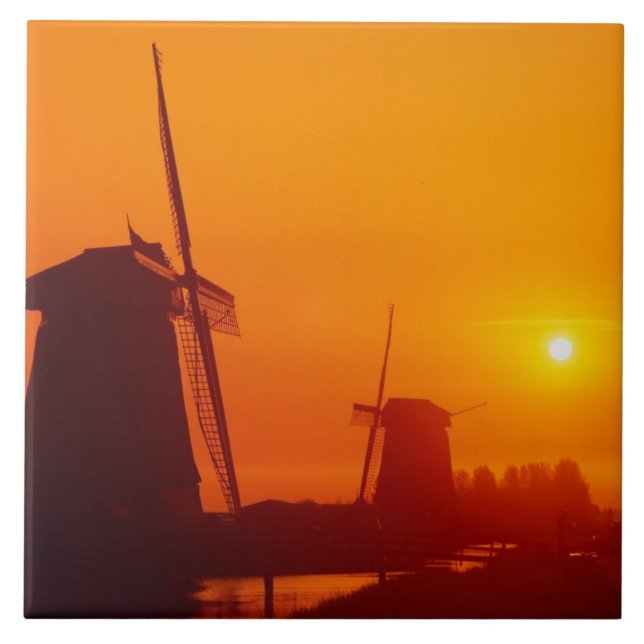Windmills at sunset, Schermerhorn, Netherlands Tile (Front)