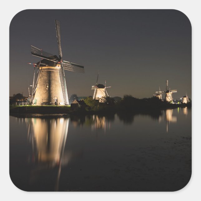 Windmills illuminated at night square sticker (Front)