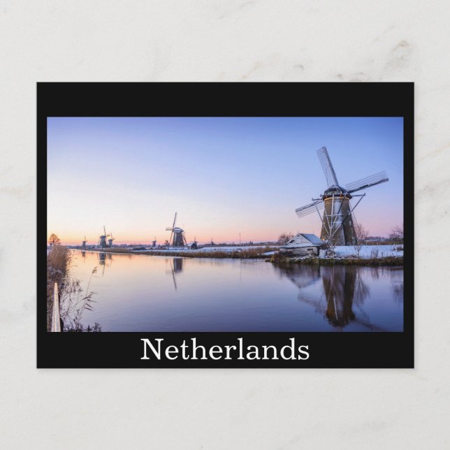 Windmills in winter black text postcard (Front)