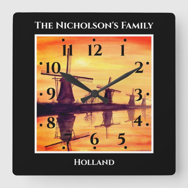 Windmills Sunset Kinderdijk - Watercolor Painting Square Wall Clock (Front)