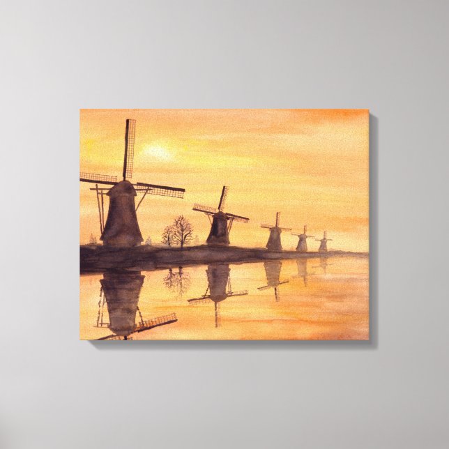 Windmills Sunset Watercolor Painting Canvas Print (Front)