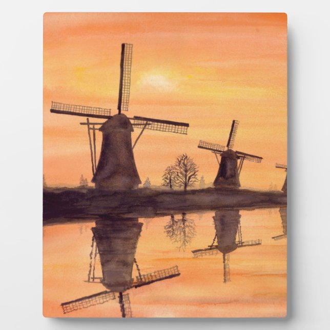 Windmills Sunset - Watercolor Painting Plaque (Front)