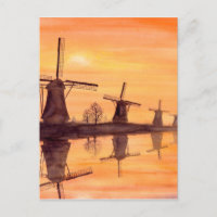Windmills Sunset - Watercolor Painting