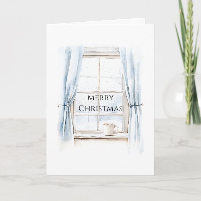 Window Blue Curtains Christmas   Card (Front)