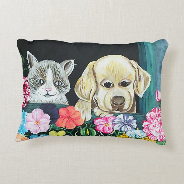 Window Box Pets Pillow, Cotton Decorative Cushion (Back)