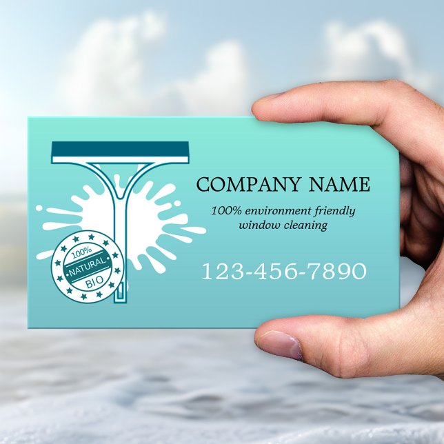 Window Cleaning Services Business Card (Business card featuring a simple turquoise teal design with an eco-friendly window cleaner theme)