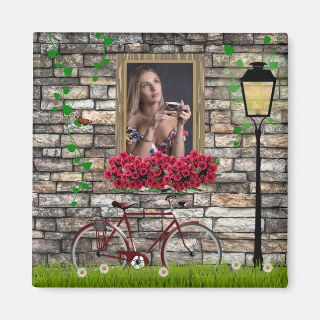 Window flowers bicycle wall personalised photo magnet (Front)