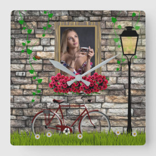 Window flowers bicycle wall personalised photo square wall clock