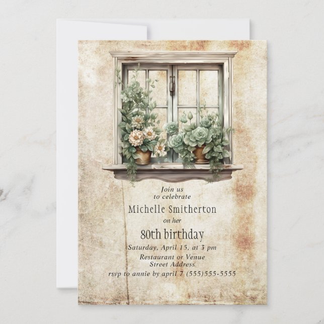 Window Garden Succulents Rustic 80th Birthday Invitation (Front)