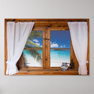 Window Ocean Beach Tropical Faux View Poster