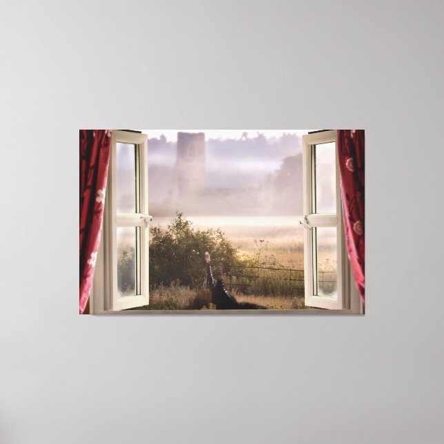 Window open misty morning with barn owl canvas print (Front)