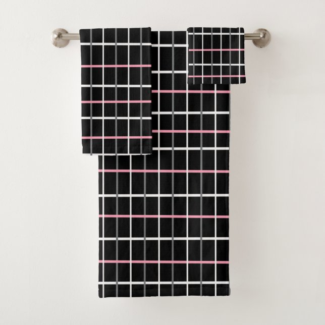 Window Pane Print in Black and White with Pink Bath Towel Set (Insitu)