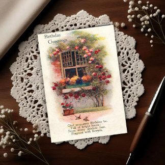 Window Roses Vintage 1920 Birthday Greetings Postcard