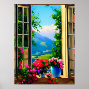 Window Scenes Art Mountain Flowers 18x24 Poster