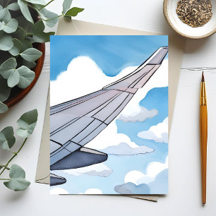 Window Seat   Aeroplane Wing Sky Watercolor Travel Postcard