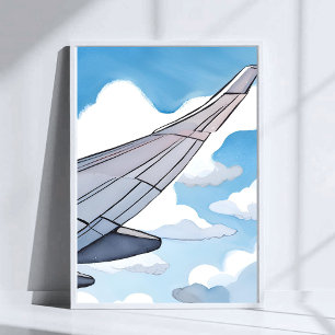 Window Seat   Aeroplane Wing Sky Watercolor Travel Poster