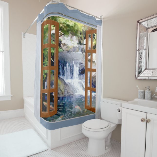 Window View Garden Waterfall with Koi Pond Shower Curtain (In Situ)