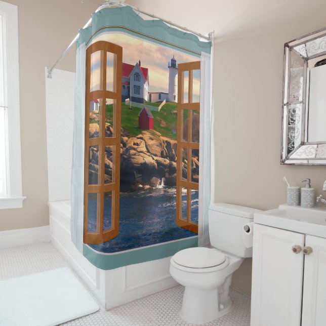 Window View Lighthouse at Sunset on the Point Shower Curtain (In Situ)