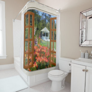 Window View of Garden & Gazebo Shower Curtain