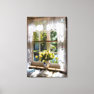 Window with lace curtain and tulips canvas print
