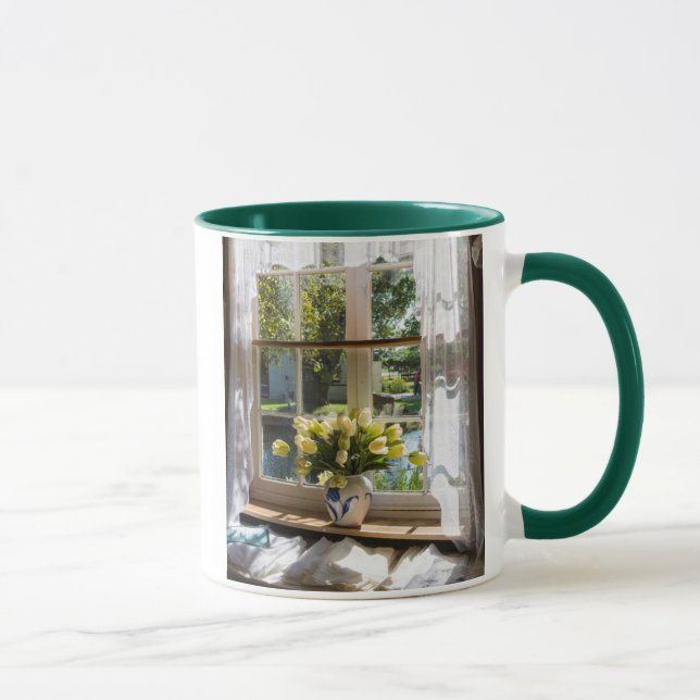 Window with lace curtain and tulips mug (Right)