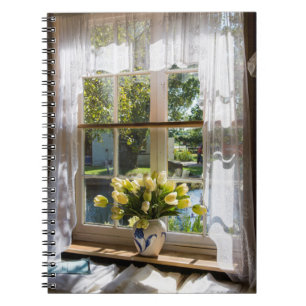 Window with lace curtain and tulips spiral notebook