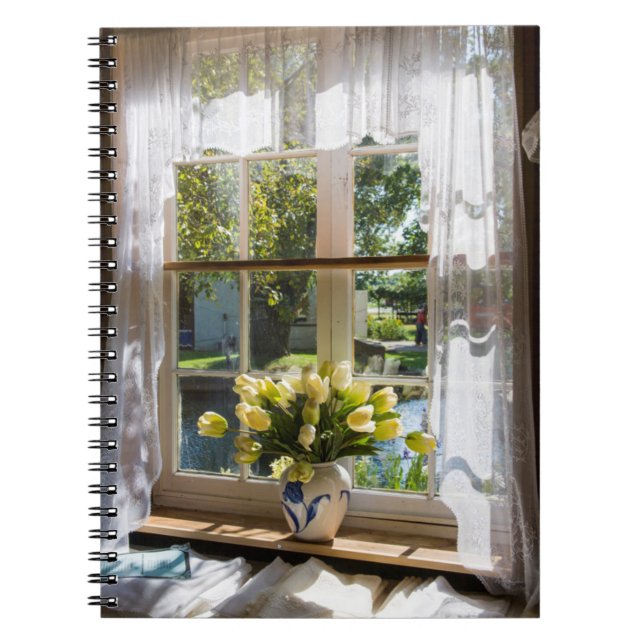Window with lace curtain and tulips spiral notebook (Front)