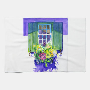 Windowbox watercolor tea towel