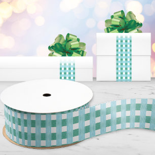 Windowpane Weave Gingham in Green and Aqua Grosgrain Ribbon