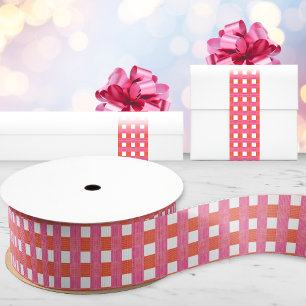 Windowpane Weave Gingham in Pink and Orange Grosgrain Ribbon