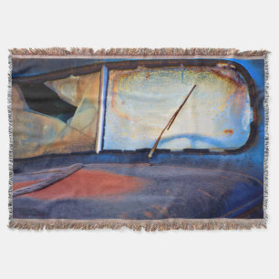 Windshield of an old rusty truck throw blanket